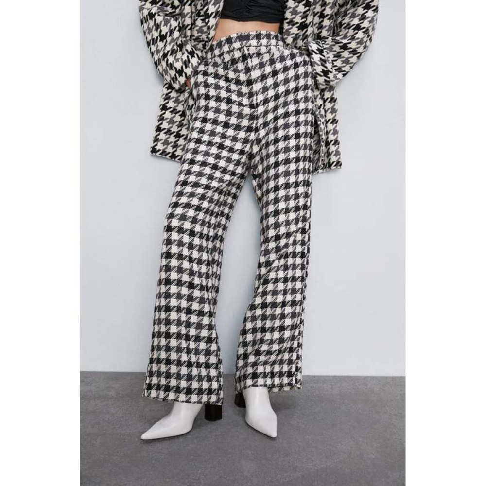 NEW Zara L Straight Checked Trouser Pants Wide Leg